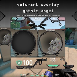 Könnte beinhalten: Ein digitales Valorant-Overlay mit dem Titel gothic angel, das schwarze dekorative Rahmen mit Flügel- und Rankenmotiven zeigt. Das Set enthält eine obere Leiste, kreisförmige Kartenränder und ein unteres HUD-Element mit weißen Texten.