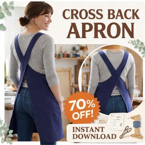 Cross Back Apron Sewing Pattern, Japanese Pinafore Apron, Artist & Kitchen Apron DIY, Pottery Apron, Plus Size Linen Apron Pattern For Women