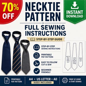 Könnte beinhalten: Ein digitales Schnittmuster für eine Krawatte mit drei fertigen Krawattenbeispielen in Marineblau, Marineblau mit diagonalen Streifen und Grau. Die Grafik enthält den Text: NECKTIE PATTERN, FULL SEWING INSTRUCTIONS, STEP-BY-STEP GUIDE, PRINTABLE PDF, und A4, US LETTER, A0 SIZES INCLUDED.