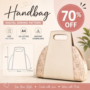 May include: A digital sewing pattern for a handbag, featuring a beige bag with floral side panels. The image includes text: Handbag, 70% OFF, PDF Pattern, A4, US Letter Size, Instant Download. A diagram shows dimensions of 28 cm by 32 cm by 14 cm.