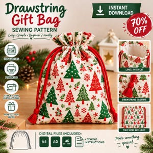 May include: A drawstring gift bag sewing pattern featuring a cream fabric with a repeating pattern of red and green Christmas trees and snowflakes. The bag has red drawstring cords with tassels and includes digital files for A4, A0, and US Letter sizes.