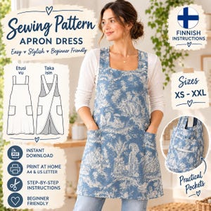 May include: A blue and white toile print apron dress sewing pattern featuring a square neckline and two front pockets. The digital file includes instructions, size range XS to XXL, and diagrams for front and back views for home printing.