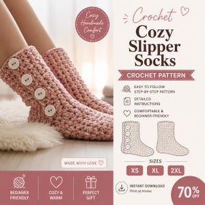 May include: A pair of dusty pink crochet slipper socks featuring four white buttons on the side. The image includes text reading Crochet Cozy Slipper Socks, Crochet Pattern, Easy to Follow Step-by-Step Pattern, Detailed Instructions, and Sizes XS, XL, 2XL.