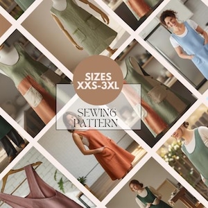 May include: A collage of images showcasing various apron dresses in different colors, including green, orange, and blue. The text "SIZES XXS-3XL" and "SEWING PATTERN" are overlaid on the image. The aprons have pockets and are displayed on mannequins and people.