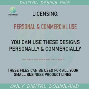 Puede incluir: Gr&aacute;fico de dise&ntilde;o digital con texto que detalla los t&eacute;rminos de la licencia. Indica "LICENCIA: USO PERSONAL Y COMERCIAL" y que los dise&ntilde;os se pueden utilizar para fines personales y comerciales. El fondo es de color azul claro.