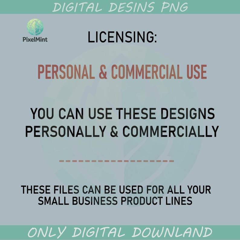 Puede incluir: Gr&aacute;fico de dise&ntilde;o digital con texto que detalla los t&eacute;rminos de la licencia. Indica "LICENCIA: USO PERSONAL Y COMERCIAL" y que los dise&ntilde;os se pueden utilizar para fines personales y comerciales. El fondo es de color azul claro.