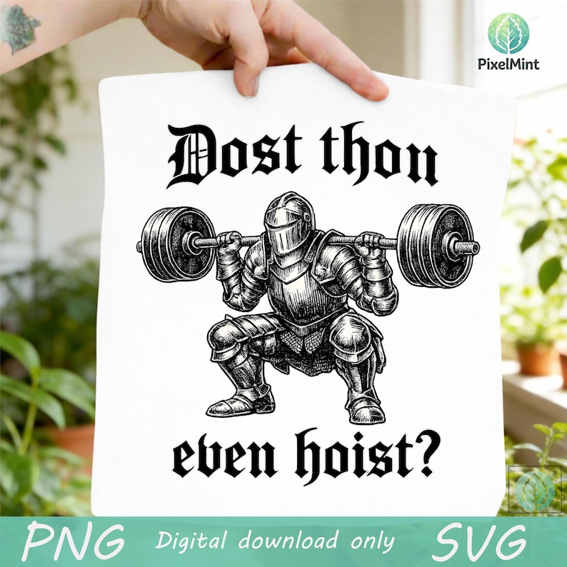 Puede incluir: Gr&aacute;fico en blanco y negro de un caballero con armadura levantando una barra. El texto "Dost thon even hoist?" est&aacute; escrito en fuente g&oacute;tica. Descarga digital en formatos PNG y SVG.