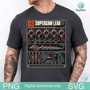 May include: A dark charcoal grey t-shirt featuring a graphic print of a synthesiser patch sheet. The design includes the text 03 SUPERSAW LEAD, various control knobs, a waveform visualisation, ADSR envelope sliders, and technical specifications.