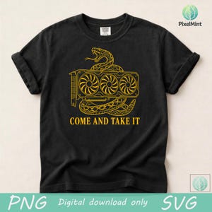 May include: A black short-sleeve t-shirt featuring a yellow graphic of a coiled snake wrapped around a triple-fan graphics card. Below the illustration, the text reads COME AND TAKE IT in yellow capital letters. The shirt has a crew neckline.