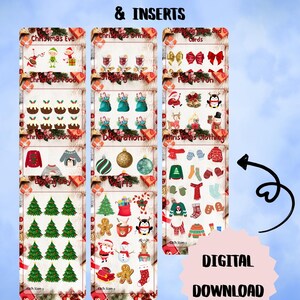 May include: A digital download featuring Christmas savings binder trackers and inserts. The image displays various categories like Christmas Eve, food, decorations, and clothing, with festive illustrations. Text includes "Christmas Savings Binder Trackers & Inserts", "Digital Download", and "Print Me From Home".