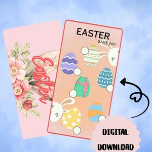 May include: Two pink Easter-themed cards with text and illustrations. One card features the word "Easter" in cursive with floral accents. The other card has illustrated Easter eggs and the text "EASTER" and "DIGITAL DOWNLOAD".