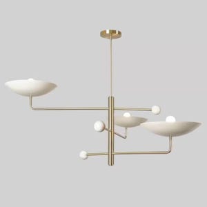 Mid Century Modern Brass Linear Chandelier Opal Bowl Shades Sculptural Pendant Light Adjustable Arms Handmade Dining Décor EU Fixture Art
