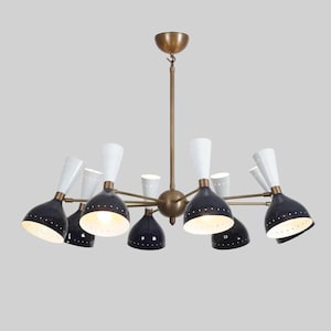 Lámpara de techo Sputnik moderna de mediados de siglo, color blanco y negro, lámpara colgante de múltiples brazos, luminaria de estilo retro atómico.