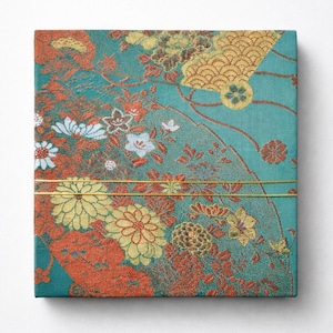 Japanese Kimono Obi Brocade Wall Art Panel – Teal and Gold Kiku Chrysanthemum Fan Decor