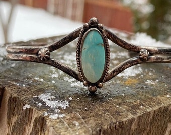 Signed Cortez H vintage Navajo silver and turquoise cuff bracelet | ON SALE