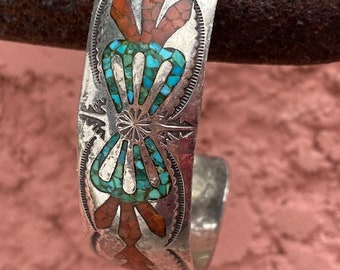 Signed vintage BEGAY Turquoise Coral Silver Cuff Bracelet