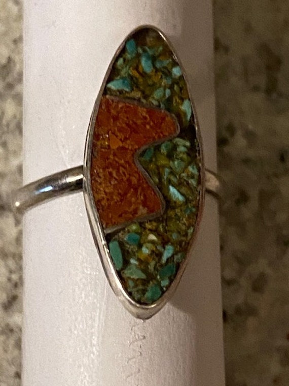 vintage sterling silver turquoise coral ring - image 5