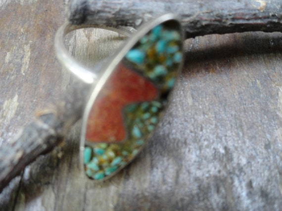 vintage sterling silver turquoise coral ring - image 6