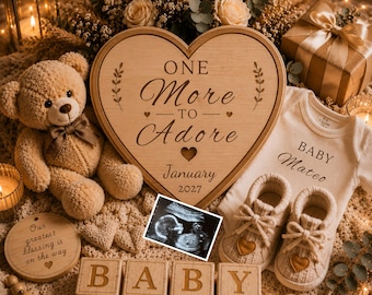 One More To Adore Pregnancy Announcement Template | Editable Canva Baby Reveal | Neutral Pregnancy Announcement | January 2027 Baby Reveal