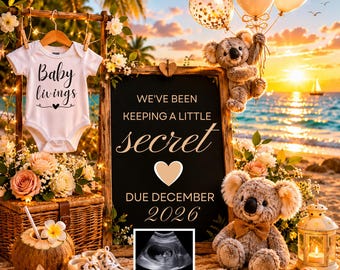 Aankondigingssjabloon strandzwangerschap | Zomerbaby-onthulling | Bewerkbare canvasdownload | Neutrale baby-onthulling op sociale media