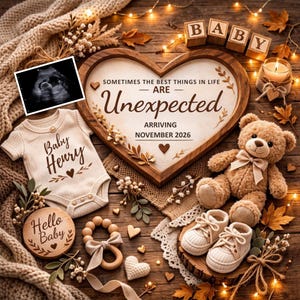 May include: A baby announcement scene featuring a babygrow with "Baby Henry" text, a wooden heart sign with "Unexpected" and arrival date, a teddy bear, baby shoes, and a sonogram image. The scene is decorated with leaves and fairy lights, creating a cosy atmosphere.