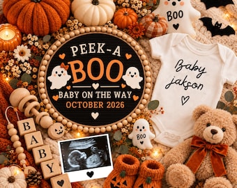 Halloween Baby Announcement Template, Peek A Boo Pregnancy Reveal, Editable Canva Ultrasound, Pumpkin Ghost Social Media Digital Download