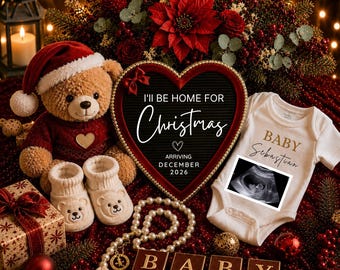 Sjabloon zwangerschap aankondiging kerst I'll Be Home For Christmas Baby Reveal bewerkbare vakantie zwangerschap aankondiging digitale download