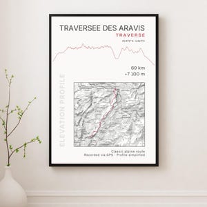 May include: A framed print showing a map and elevation profile of the Traversee des Aravis. The print includes the text "TRAVERSEE DES ARAVIS TRAVERSE" and route details, including 69 km and +7100 m. The print is displayed on a white wall.