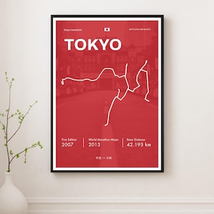 Peut inclure: Affiche rouge encadrée avec le tracé du Marathon de Tokyo en blanc. Le mot "TOKYO" est en évidence, avec la distance de 42,195 km et les années 2007 et 2013. Le drapeau japonais est en haut.