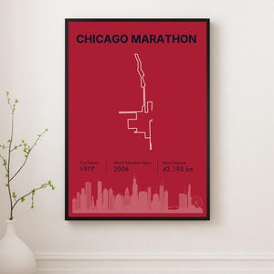 Peut inclure: Affiche encadrée avec un fond rouge, le texte « CHICAGO MARATHON » en bleu marine. Un dessin au trait blanc représente le parcours du marathon. En dessous, le texte indique la première édition en 1977, World Marathon Major en 2006 et une distance de course de 42,195 km.