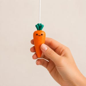 May include: A light pull featuring a bright orange carrot with a smooth texture, a small green leafy top, and a simple black painted face with two eyes and a smile. The carrot is attached to a thin white cord extending vertically upwards.
