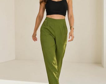 Women Pleated Cotton Trousers | Relaxed Mid Rise Drawstring Pants