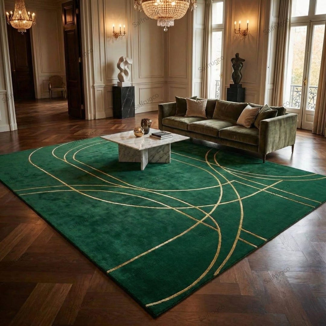 Hand-tufted Emerald Green Wool Rug, Gold & Silk Lines, Geometric Rug ...