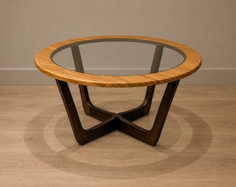 Mid Century Teak Runder Couchtisch, Dänische Wohnzimmer Möbel, Glasplatte