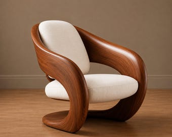 Sculpturale walnotenhouten fauteuil, gebogen fauteuil, Scandinavisch organisch modern meubilair