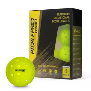 May include: A bright yellow PicklePro Max pickleball with visible holes, next to a black and yellow box. The box reads "Outdoor Rotational Pickleballs" and "V-40 Series 4 Pack". The pickleball has the brand name printed on it.