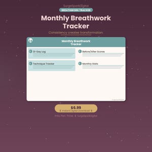 Op de afbeelding: Een digitale download graphic met de tekst "Monthly Breathwork Tracker". Het bevat secties voor een 31-daagse log, techniek tracking, voor/na scores en maandelijkse statistieken.