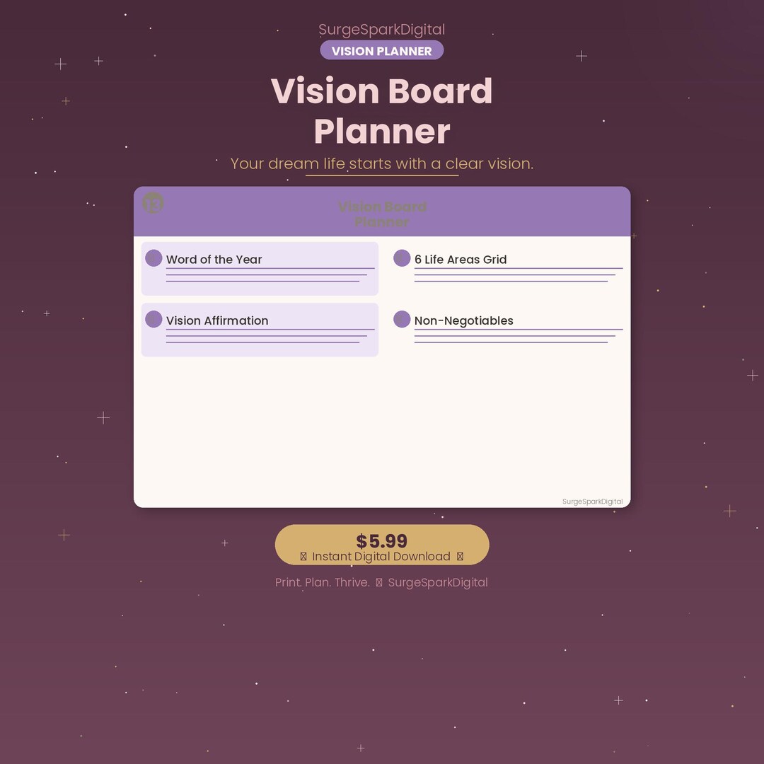 Vision Board Planner Printable | Word of the Year Life Goals PDF ...