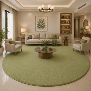 May include: A large, circular, sage green area rug with a textured, plush pile surface. The rug is positioned in the center of a living room, covering a significant portion of the light-colored floor beneath a glass-topped coffee table.