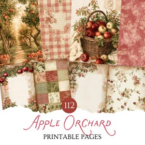 Puede incluir: Una colección de 112 páginas imprimibles tituladas Apple Orchard, que presentan varios diseños que incluyen manzanos en un huerto, una cesta de mimbre llena de manzanas rojas y verdes, patrones de cuadros rojos, motivos florales y papel de carta.