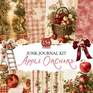 Puede incluir: Un kit de diario creativo titulado Apple Orchard con 154 páginas que incluye ilustraciones de manzanos, cestas de manzanas rojas, patrones de cuadros, motivos florales y un lazo rojo oscuro. El diseño presenta texturas de papel vintage.