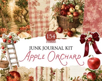 Apple Orchard Junk Journal Kit, Autumn Printable Papers with Ephemera and Fussy Cuts