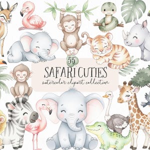 May include: Watercolor clipart collection featuring adorable safari animals, including a giraffe, elephant, lion, zebra, and monkey. The image includes the text "Safari Cuties" and "watercolor clipart collection". The illustrations are in soft pastel colors.