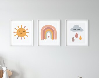 Set of 3, Sleeping Sun, Boho Rainbow, Sleeping Cloud,  PRINTABLE,INSTANT,nursery art work,art gift,little girl room,boy room,nursery decor