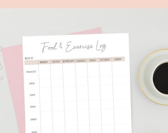 Food & Exercise Log Printable  | Exercise Log | Food Tracker | INSTANT DL | Weight Loss | Health Planner Inserts, Letter, 1/2 Letter, A4, A5