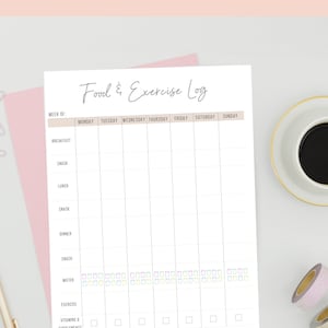 Food & Exercise Log Printable  | Exercise Log | Food Tracker | INSTANT DL | Weight Loss | Health Planner Inserts, Letter, 1/2 Letter, A4, A5
