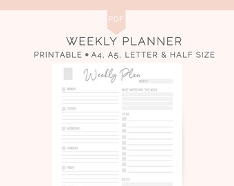 Weekly Planner Printable | Printable Planner | Planner Printable | INSTANT DOWNLOAD | Agenda | Planner Inserts, Letter, 1/2 Letter, A4, A5