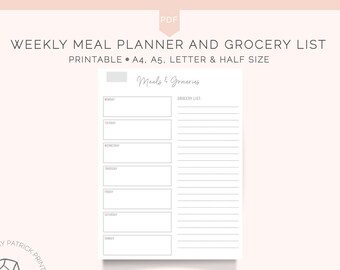 Weekly Meal Planner & Grocery List Printable, Weight Loss, INSTANT DL, Healthy Eating,Health Planner Inserts, Fitness Plan, A4,A5,1/2 Letter