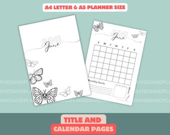 June Title Page - June Calendar - Butterfly Edition - Printable Monthly Planner - Journal Cover and Calendar - A4 & A5 Digital Download