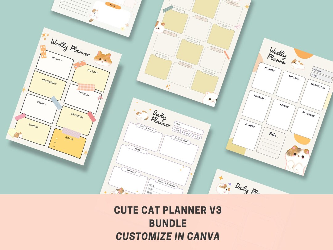 Cute Cat Planner V3 – Beige Cat Theme Customizable Canva Template ...